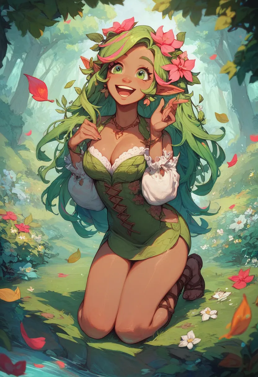 Masterpiece, best quality, high resolution,1girl, dryad, green hair, pink highlights, flowers in hair, clothes of leaves, smiling, forest setting, brown skin, long hair, laughing. open eyes, green eyes, full body