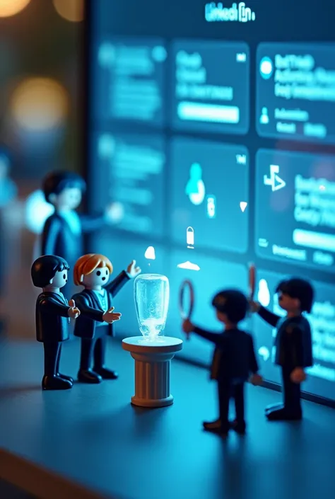 A hyper-detailed macro photography scene featuring Playmobil figurines dressed in LinkedIn-branded business attire, actively engaging on a gigantic digital LinkedIn feed. Some figurines stand on mini podiums, delivering posts, while others use tiny speech ...