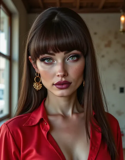 natali3m4rs, natalie mars, 1girl, solo, face focused, vintage photography, makeup, lipstick, big lips, bobbed hair, photoshoot, aesthetic, sweater, shirt, solo, big hair, looking at viewer, studio lighting, focus, analog film, (ring light), film grain, b...