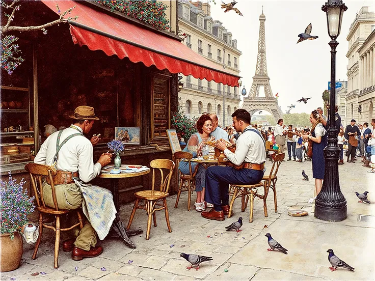 Norman Rockwell style, A charming Parisian café on a cobblestone street, where elegantly dressed tourists and locals sip on cappuccinos and nibble on fresh croissants at outdoor tables adorned with small vases of lavender. A painter in a beret and paint-st...