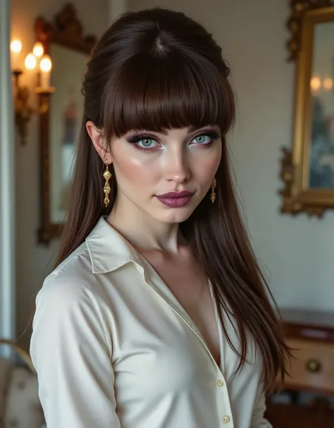 natali3m4rs, natalie mars,1girl, makeup, lips, long hair, long hair, bangs, high ponytail hair, white blouse, portrait, solo, looking at viewer, bokeh, focus, film, velvia, artistic, best quality, photograph, focus