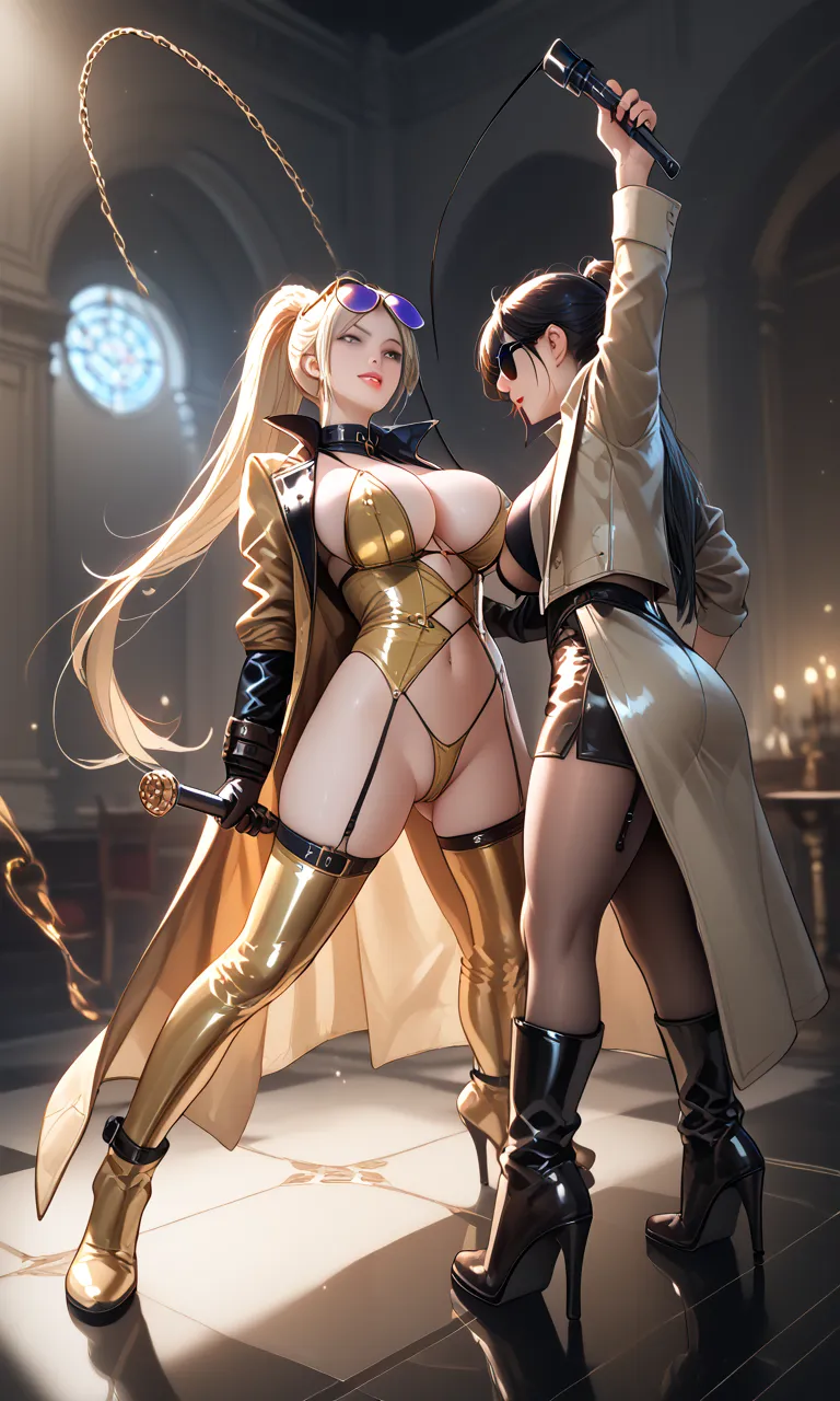  with Very huge breast, busty, long ponytail hair, sunglasses on head. dressed sexy gold latex trench coat with ((very dramatic high popped up collar)), long boots, long gloves, evil cruel mistress is laughed while whipping naked man that innocent, bondage...