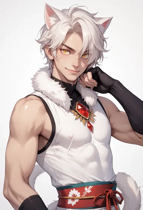 score_9, score_8_up, score_7_up, source_anime, 1boy, male focus, solo, cat tail, cowboy shot, visual novel, front view, simple background, yellow eye, Slit-Pupils, white cat ears, white cat tail, white hair, short hair, hair over one eye, shirt, white shir...
