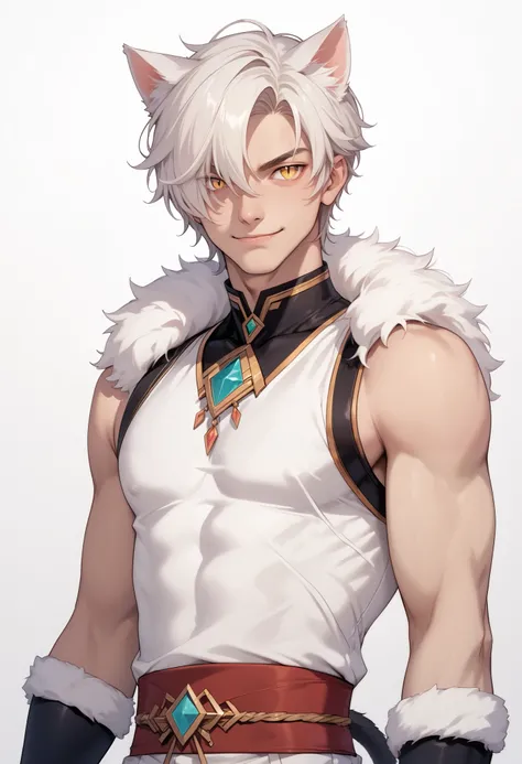 score_9, score_8_up, score_7_up, source_anime, 1boy, male focus, solo, cat tail, cowboy shot, visual novel, front view, simple background, yellow eye, Slit-Pupils, white cat ears, white cat tail, white hair, short hair, hair over one eye, shirt, white shir...