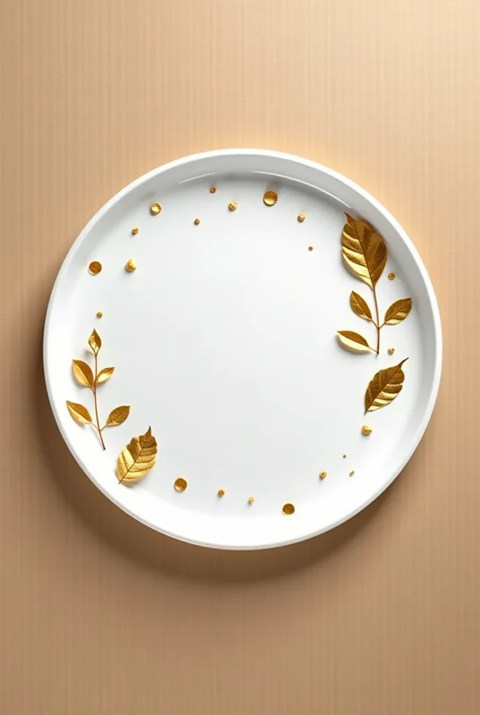 The picture shows a round flat tray with a minimalistic design, placed on a textured background of brown paper. The tray is predominantly white with a smooth surface, decorated with a scattering of golden leaves, which give it a touch of elegance and luxur...