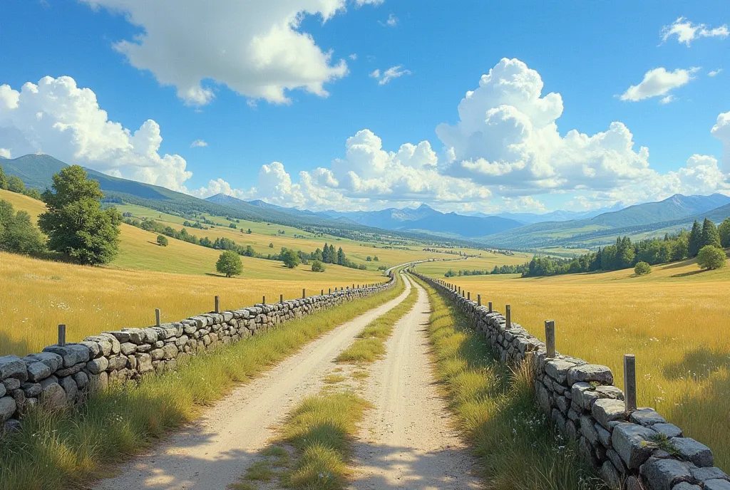 landscape, blue sky, meadow, a large path, stone fence of cobblestones along the trail, near a small forest, small mountains in the distance, clouds,  cool shades , slightly dark colors, painted on brown paper