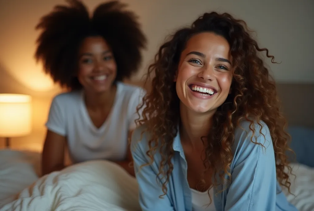 The image depicts two young women in a relaxed, intimate setting. The woman in the foreground, with long, curly hair, smiles broadly, showcasing her white teeth and sparkle in her blue eyes, dressed in a pale blue top. Behind her, the second woman, sportin...