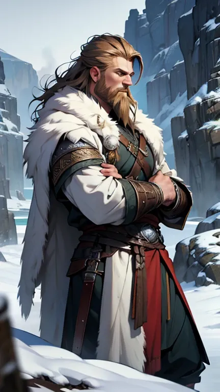 ​masterpiece, Best Quality, detailed, Cinematics, 4k, Background with:Viking buildings built on snowy fjord cliffs, Viking warrior wearing armor and fur coat with rune tattoos