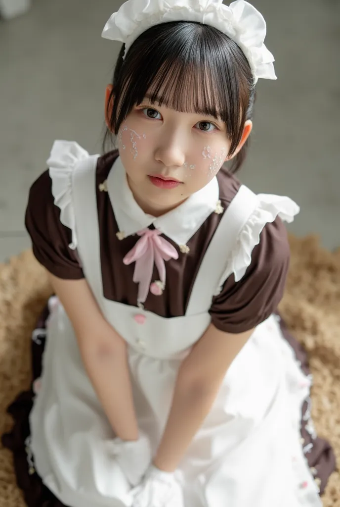 Photorealistic, 8K, soft diffused lighting, a young girl, Japanese, light makeup, bare body, big breasts, bare chest. She wears a dark-brown short-sleeved maid dress with a contrasting white apron over it. The dress has a pointed brown collar and features ...