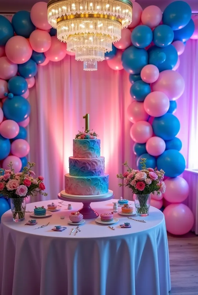 decoration de festa de aniversário  de 1 ano luxuoso e moderna em um espaço grande amplo moderno com tons Rose e azul com estrelas , , Star chandelier, with tables , colorful cake on a table with balloons, decoration  