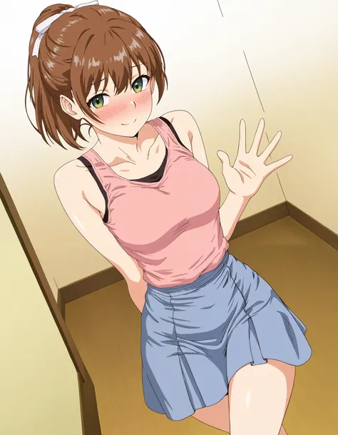 masterpiece, best quality, very aesthetic, absurdres, highres, newest, anime, realistc, darkalx, Kasuga, , 1girl, solo, breasts, short hair, looking at viewer, blush, smile, skirt, brown hair, shirt, ribbon, bare shoulders, closed mouth, green eyes, standi...