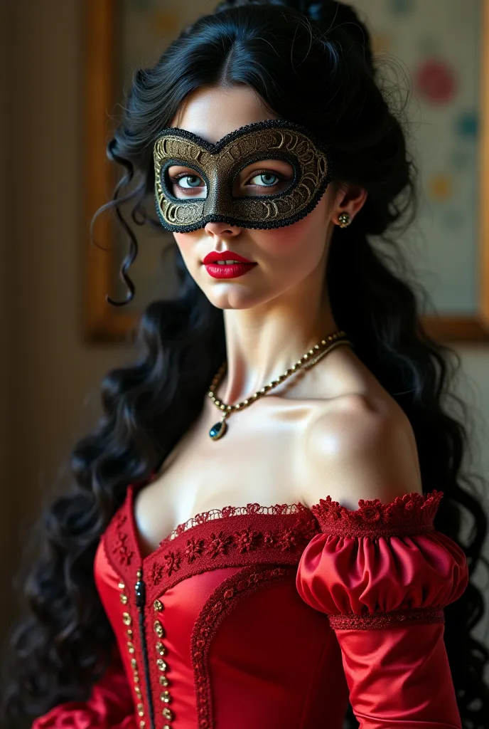 Beautiful young woman with long curly black hair tied in a bun and blue eyes and white skin wears a red dress from 1865 her face is covered with a mask 