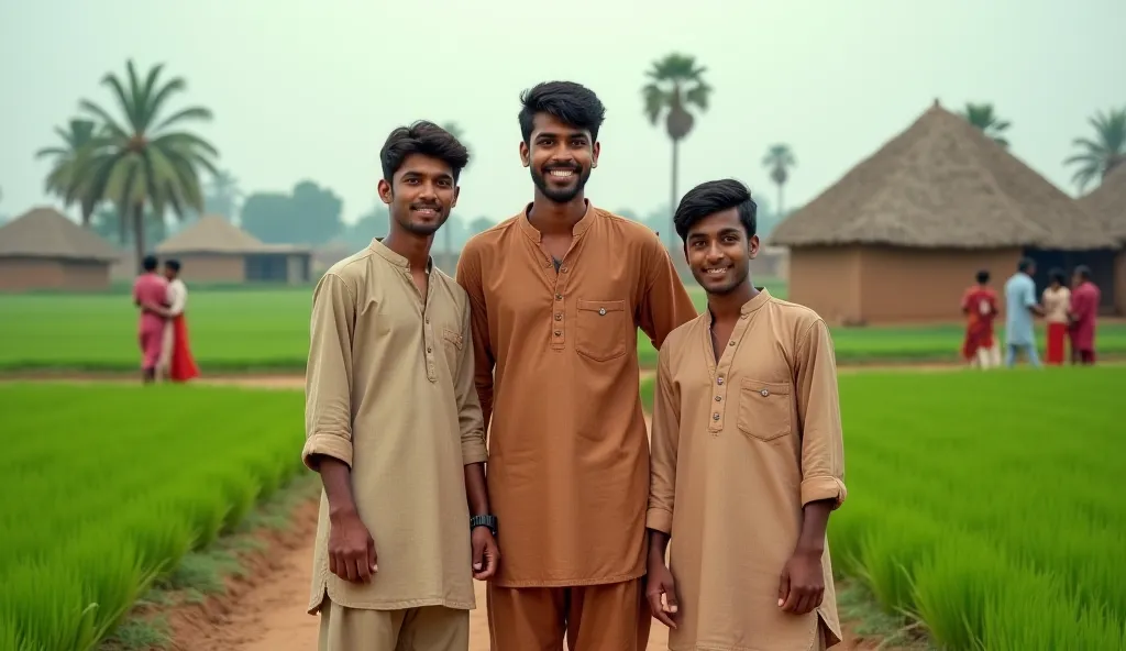 A highly detailed and realistic rural Indian village scene featuring three young Indian men with slightly fair skin, standing on a dirt path amidst lush green fields. They wear traditional, earth-toned, slightly worn-out kurta-pajamas, reflecting a simple ...