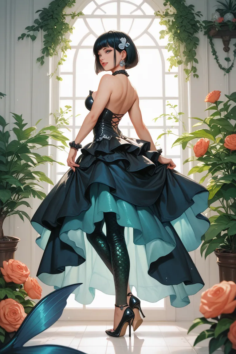 1 girl,with plush black bob cut hair, pretty face,hourglass body, wearing black mermaid dress,weaing black pointed toe patent leather high heel, using heels to squish a beetle, beetle is getting crushed under her high heel sole