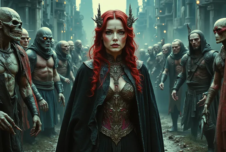 arafed woman with red hair and red eyes standing in front of a group of monsters, cyberpunk art inspired by Aleksi Briclot, cgsociety contest winner, fantasy art, symmetrical epic fantasy art, karol bak uhd, detailed fantasy digital art, gothic fantasy art...