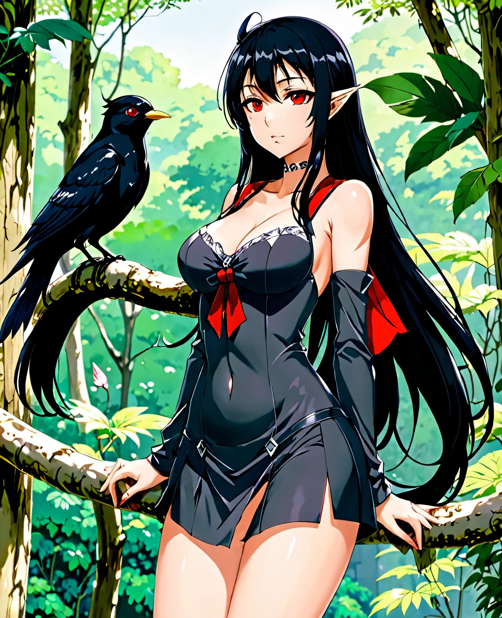 score_9, score_8_up, score_8,  source_anime, 1 girl, Alone, long black hair covering one eye, is tall, slim figure, slightly pointed ears, red eyes, eyebrow piercing , sexy anime girl, dnd dampierre, (((cute))), medium breasts, from thigh up, Bird Outfit 