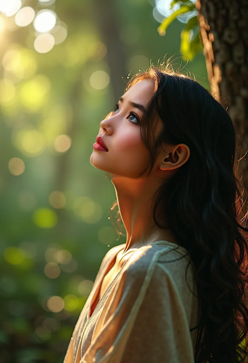 a person enjoying music, eyes closed, taken from a distance side view, detailed facial features, serene expression, relaxed posture, 8k, ultra-detailed, photorealistic, natural lighting, outdoor forest landscape, warm tones, dramatic lighting, portrait pho...