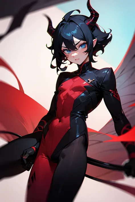 Demon demi human, male, femboy, blue eyes, black hair, cute, one character, cute male, sexy outfit, red and black swirling horns on head, and black pointed demon tail, open thighs