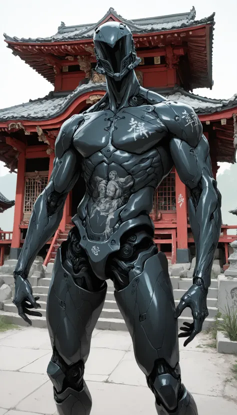 (masterpiece, best quality), best score , amazing quality, very aesthetic, highres, newer, 8K, HIGH CONTRAST, a boy,( beautiful:1.1),biological cyborg,Hand drawing style, muscle,Samurai Temple ,samurai armada,on guard,