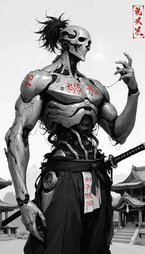 (masterpiece, best quality), best score , amazing quality, very aesthetic, highres, newer, 8K, HIGH CONTRAST, a boy,( beautiful:1.1),biological cyborg,Hand drawing style, muscle,Samurai Temple ,samurai armada,on guard,
