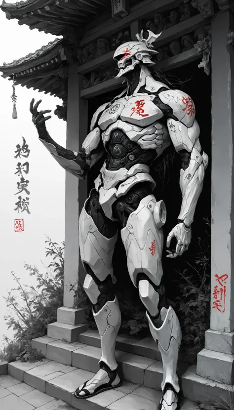 (masterpiece, best quality), best score , amazing quality, very aesthetic, highres, newer, 8K, HIGH CONTRAST, a boy,( beautiful:1.1),biological cyborg,Hand drawing style, muscle,Samurai Temple ,samurai armada,on guard,decadencia,