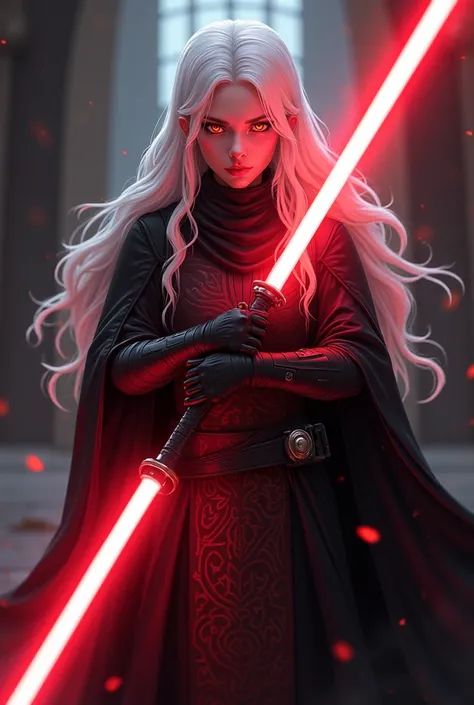 An inquisitor with long white hair, orange-red eyes, in a black inquisitor costume holding a red light sabre in anime style.