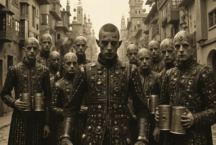 A vile group of male bandits and slavers is standing in a medieval beergarden of an Eldritch Germanic pub. The bandits' leader is a large, middle-aged ebony-skinned male Nigerian with a cruel smile. Perverts, junkies, rapists, scum criminals of a grimdark ...