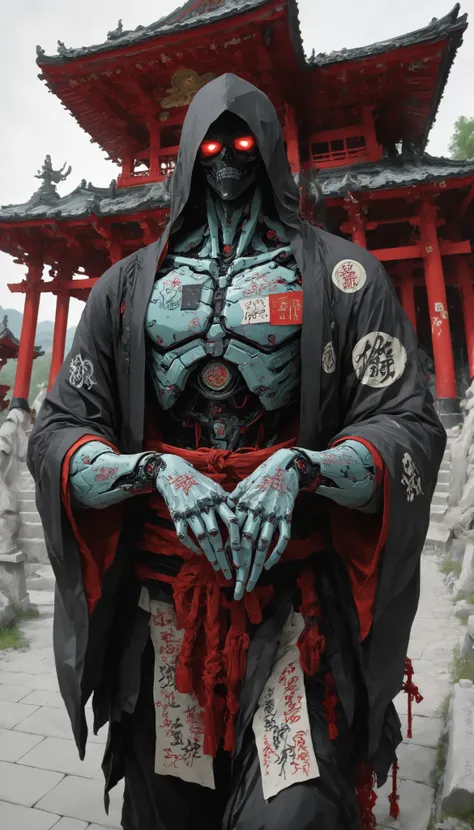 (masterpiece, best quality), best score , amazing quality, very aesthetic, highres, newer, 8K, HIGH CONTRAST, a boy,( beautiful:1.1),biological cyborg,Hand drawing style, muscle,Samurai Temple ,samurai armada,on guard,hand art