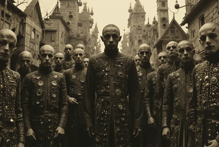 A vile group of male bandits and slavers is standing in a medieval beergarden of an Eldritch Germanic pub. The bandits' leader is a large, middle-aged ebony-skinned male Nigerian with a cruel smile. Perverts, junkies, rapists, scum criminals of a grimdark ...