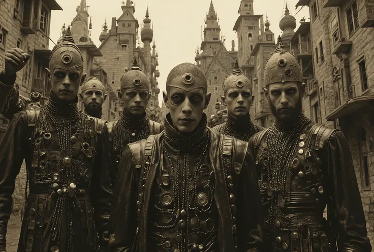 A vile group of male bandits and slavers is standing in a medieval beergarden of an Eldritch Germanic pub. The bandits' leader is a large, middle-aged ebony-skinned male Nigerian with a cruel smile. Perverts, junkies, rapists, scum criminals of a grimdark ...