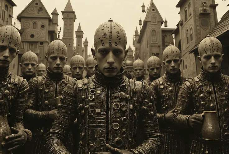 A vile group of male bandits and slavers is standing in a medieval beergarden of an Eldritch Germanic pub. The bandits' leader is a large, middle-aged ebony-skinned male Nigerian with a cruel smile. Perverts, junkies, rapists, scum criminals of a grimdark ...