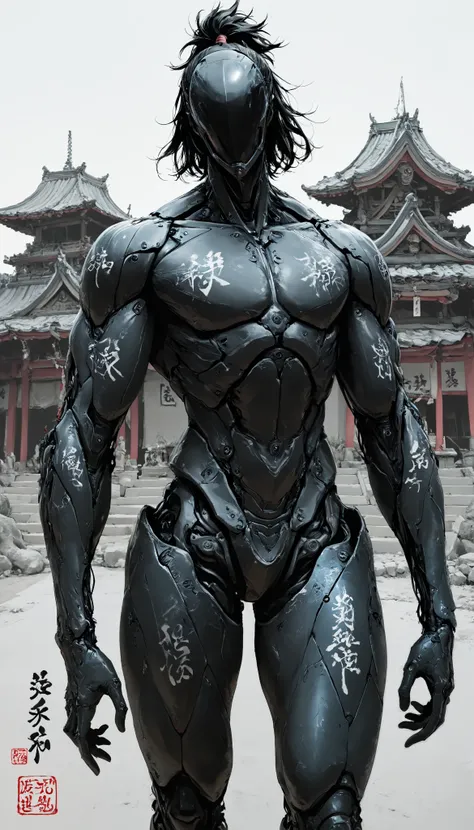 (masterpiece, best quality), best score , amazing quality, very aesthetic, highres, newer, 8K, HIGH CONTRAST, a boy,( beautiful:1.1),biological cyborg,Hand drawing style, muscle,Samurai Temple ,samurai armada,on guard,hand art