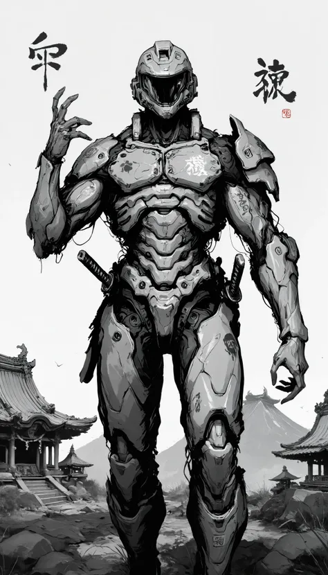 (masterpiece, best quality), best score , amazing quality, very aesthetic, highres, newer, 8K, HIGH CONTRAST, a boy,( beautiful:1.1),biological cyborg,Hand drawing style, muscle,Samurai Temple ,samurai armada,on guard,hand art