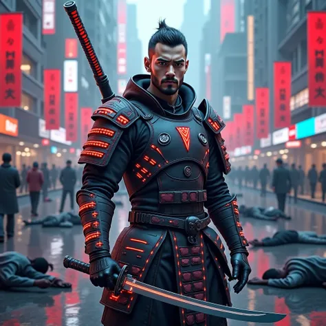 

A cyberpunk samurai warrior, modern samurai armor with neon accents, holding a katana in both hands, standing confidently with a calm and focused expression, highly detailed, photorealistic face, same facial features as the uploaded image, short hair, be...