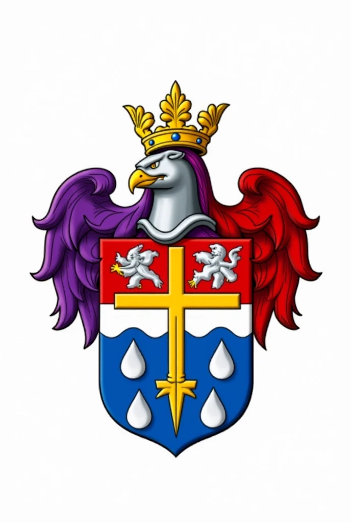 using heraldic elements create a coat of arms
 Divide shield in four parts
 upper
Right Use a purple lion holds the golden sword with the tongue the show.
 upper
Left appears the silver eagle with two heads over red background.
 at the bottom
Right appear ...