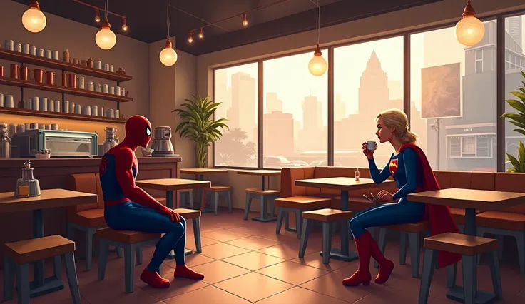 A cozy coffee shop with warm lighting and modern decor. Spider-Man is sitting alone at a table, wearing his classic red and blue suit, holding a cup of coffee and looking relaxed. On the other side of the café, at a completely separate table, Supergirl is ...