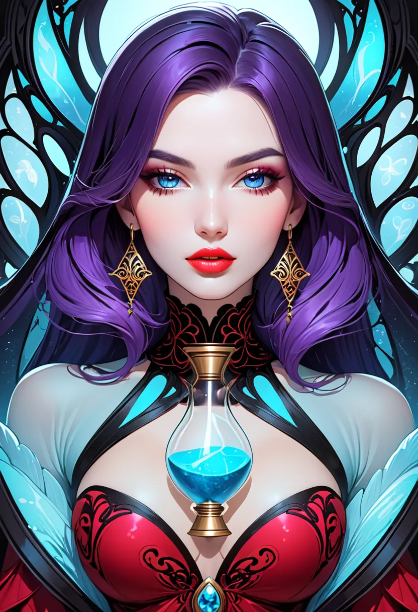 Portrait, beautiful powerful 30-year-old sorceress with purple hair, wearing a glowing magical red dress, wanting a kiss, hourglass figure, symmetrical figure, highly detailed face, beautiful face, fierce blue eyes, lush lips, alluring, stunning misty digi...