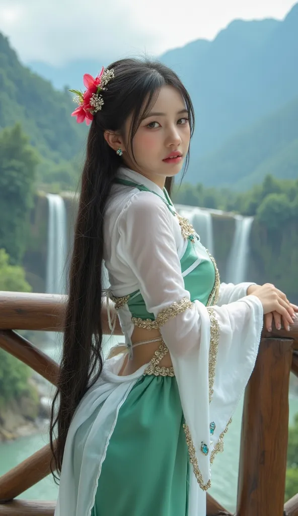 Create a fantasy scene featuring a young woman with long black hair, wearing an elegant white gown adorned with gold accents and blue gemstones. She stands gracefully by a serene waterfall, surrounded by majestic mountains. The atmosphere is ethereal, with...