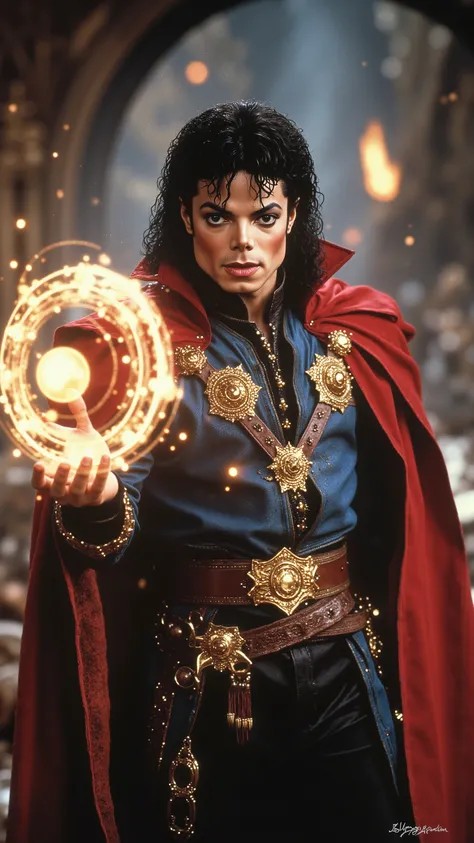 Michael Jackson as Doctor Strange, standing in a mystical battle scene, casting a spell with glowing magical circles, wearing the Cloak of Levitation, 80s VHS aesthetics, slightly distorted analog video, scanlines, soft glow, chromatic aberration, warm lig...