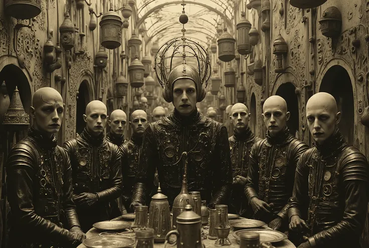 A vile group of male bandits and slavers is standing in a medieval beergarden of an Eldritch Germanic pub. The bandits' leader is a large, middle-aged ebony-skinned male Nigerian with a cruel smile. Perverts, junkies, rapists, scum criminals of a grimdark ...