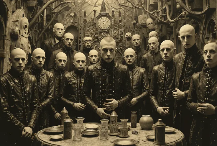 A vile group of male bandits and slavers is standing in a medieval beergarden of an Eldritch Germanic pub. The bandits' leader is a large, middle-aged ebony-skinned male Nigerian with a cruel smile. Perverts, junkies, rapists, scum criminals of a grimdark ...