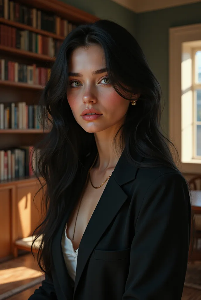 A woman with black long hair European modern clothes green eyes she is in a library