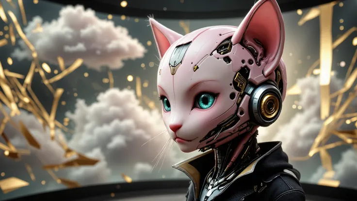 Background illustration of a cute robot girl kitten pink and black and gold wearing a black jacket graphic display depicting cloud computing technology with gold and marble details