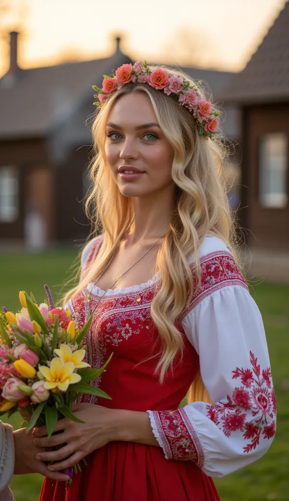 A heartwarming photograph of a stunning Russian supermodel with long blonde hair and piercing blue eyes, celebrating International Women's Day in a traditional Slavic setting. She stands in a picturesque countryside village, wearing a beautifully embroider...