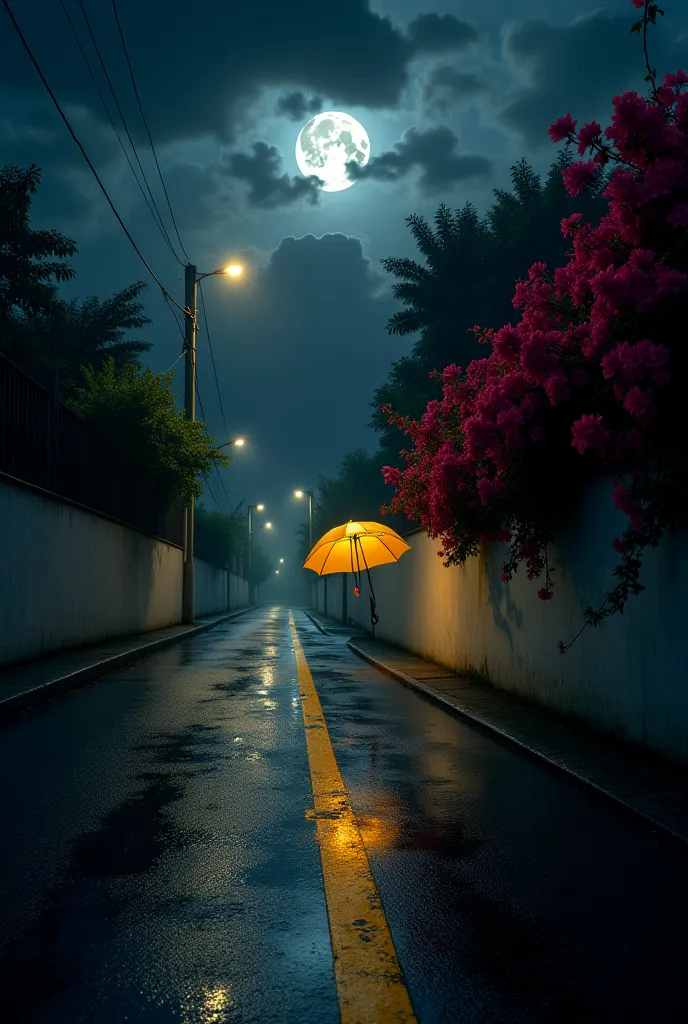 "A dimly lit, rain-slicked street at night, where the full moon struggles to break through swirling storm clouds. The wet asphalt reflects the glow of streetlights, creating a dreamlike atmosphere. A lone golden umbrella, illuminated as if carrying its own...