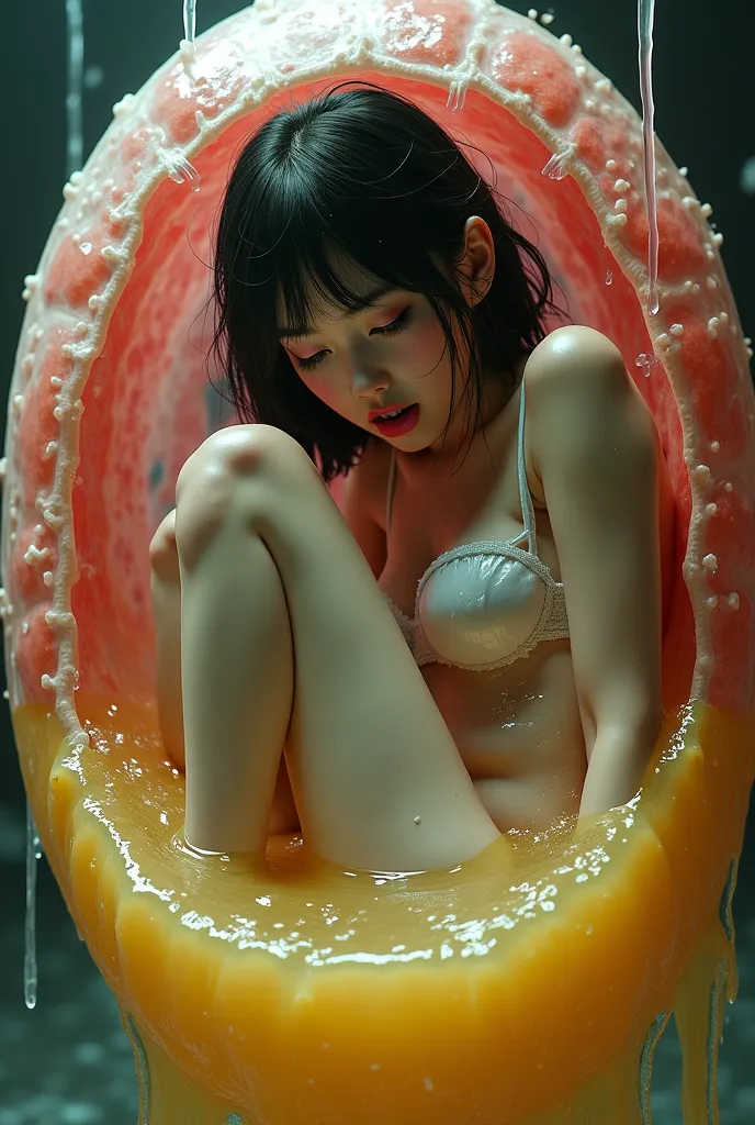 Realistic pretty dark-haired Japanese girl in white lingerie, shocked, tongue-wagging, skin full of white mucus, sitting curled up, knees raised (Kneeling, bending knees) In a round capsule, like a dark ball, wrinkled, wet, organic flesh, a network of bloo...