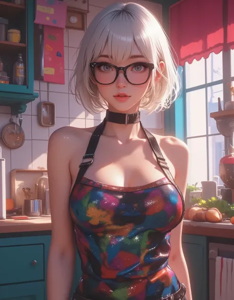 (top quality, 8k, masterpiece:1.3), (Big Breasts:1.5),Chest,(beautiful face:1.3),a solo sexy girl, standing,kitchen,(shiny skin:1.2),( beautiful busty YoRha 2B in their 20s),white short hair,(viewers),(shy),,excited,(Short apron),long hair,(colorful), stri...
