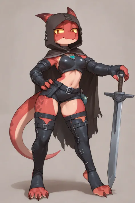 Kobold, female, long, pointed scales, sexy, leather and steel adventurer set, a long falchion at waist, normal breasts, ((cyan kobold)), steel breastplate, leather elbow gloves, leather mini shorts, high leg shorts, cloak, fingerless gloves, long leather l...