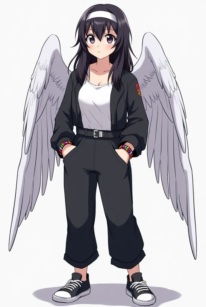 Akane at , with a youthful look similar to that of her hood, but more stylized. She wears a black jumpsuit with long sleeves, a white t-shirt underneath,  and school shoes . Her wings are large, white, , more defined and with shiny details. She has loose l...