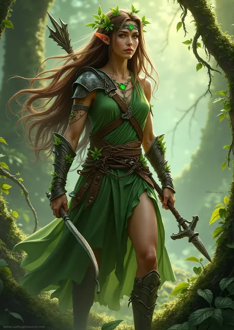 An elf has brown hair, often entwined with enchanted leaves and twigs. Their emerald or amber eyes glow with natural energy, and their tanned skin may be marked with vivid tribal markings that resonate with their magic. They move with unearthly grace, blen...